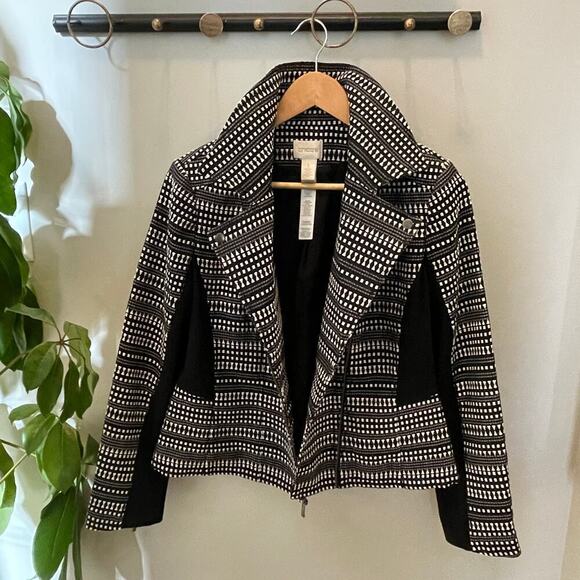 Chico’s 1 (M 8/10) Geometric Moto Jacket | Black & White, Lined, Zip-up, NWOT - Picture 3 of 7